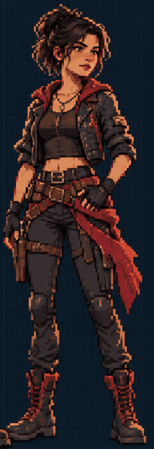 Pixel-art portrait of Mira Kade, a young smuggler in a studded leather jacket, red scarf and combat boots